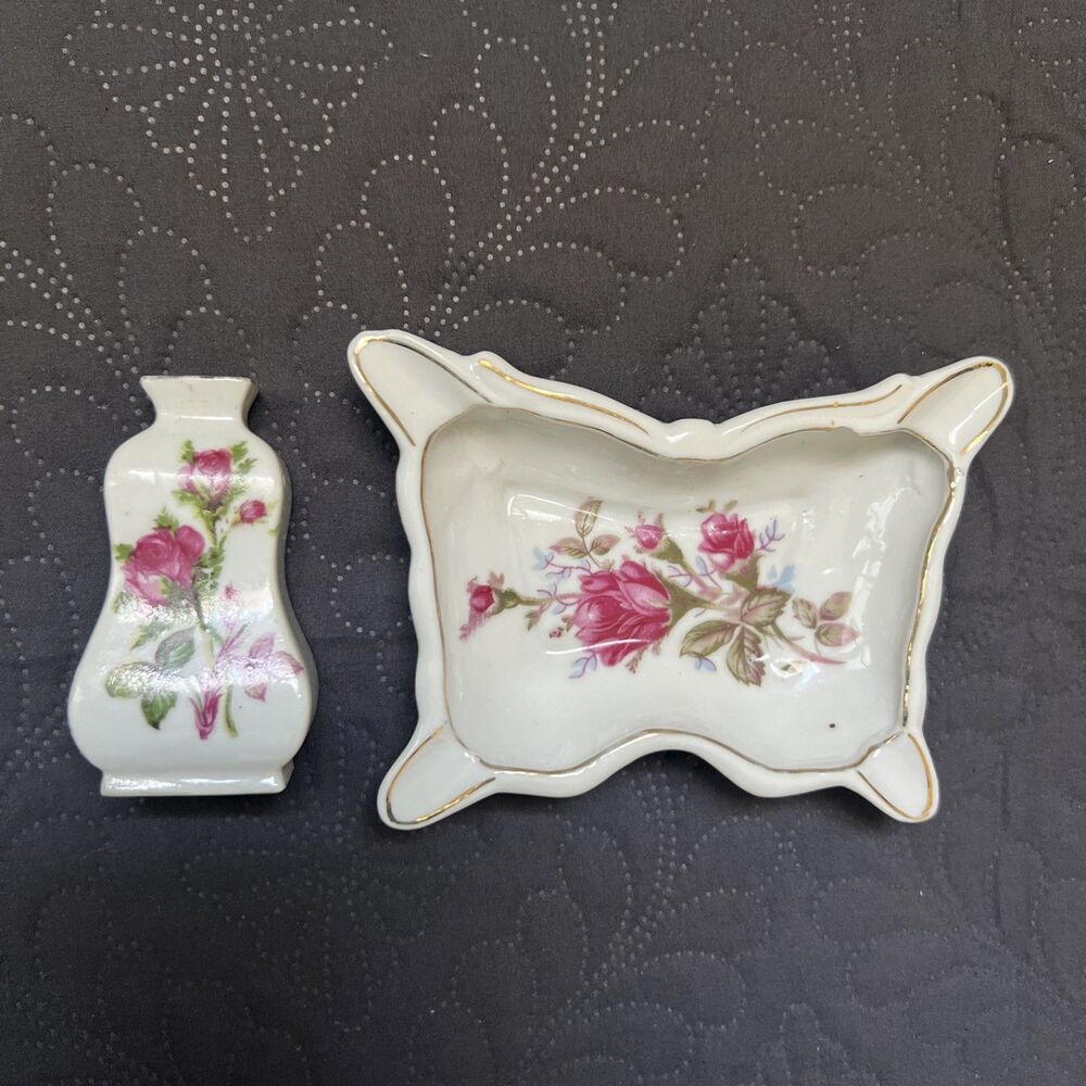 VTG MOSS ROSE Butterfly Ashtray Trinket Dish Bond Ware L&M & Small Vase Japan